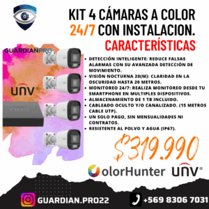 kit 4 Cámaras a color 24/7 UNV con instalacion.